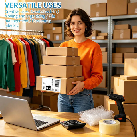 Woman holding stacked boxes with shipping labels, showcasing Straight Up Premium 4x6 Direct Thermal Shipping Labels Fanfold Paper.