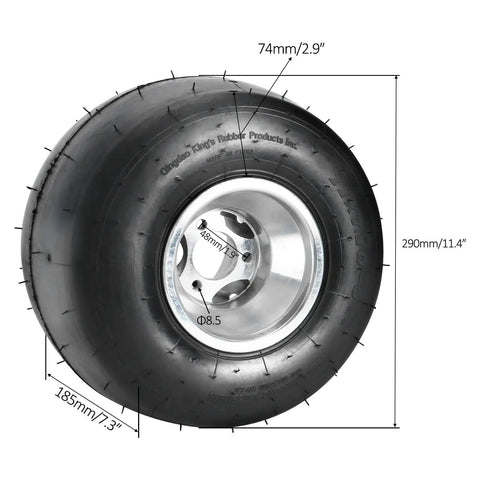 Close-up of a 5-inch wheel from the 32 Inch Complete Go Kart Rear Axle Kit With 5 Inch Wheels Front Steering Assembly Brakes 420 Sprocket And Seat For DIY Go Kart ATV Quad Trike Buggy Build.