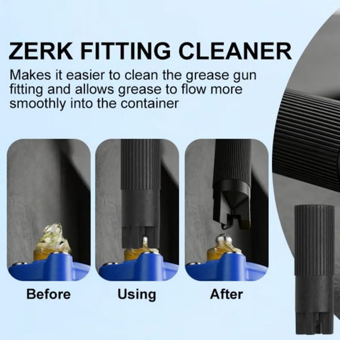 Zerk fitting cleaner before, using, after stages from Eight Piece Grease Gun Tips Kit With Needle Nozzles Dispenser Lock And Lube Coupler Attachments Bearing Packer Elbow Adapters Zerk Fittings Cleaner For All One Eighth Inch NPT Small Spaces And Deep Holes.