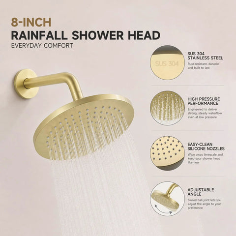 Totally Fire Premium All Metal Shower Faucet Set With Warm Gold Tone Eight Inch Rain Showerhead features SUS304 stainless steel.