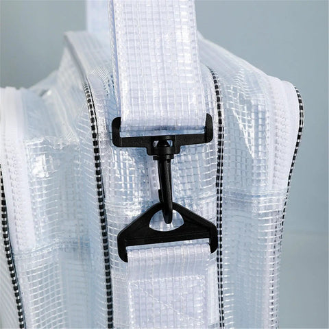 Close-up of the secure clip on the Slick Clear PVC Crossbody Bag Built Tough For Cleanroom Sites with durable straps.