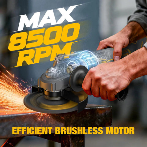 Rugged Brushless Cordless Angle Grinder 4 1/2 Inch With Variable Speed Dial Compatible With 20V Batteries uses 8500 RPM motor for effective cutting.
