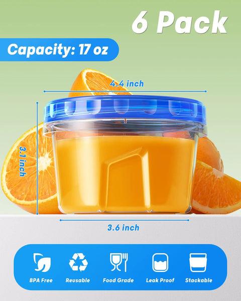 Six Pack 17 Oz Freezer Storage Containers With Twist Top Lids BPA Free Reusable Plastic Food Storage shown with oranges