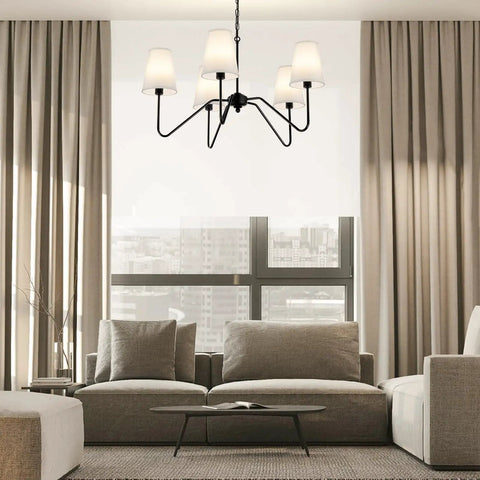 Dope Modern 5 Arm Pendant Chandelier For Dining Room With White Fabric Shades Matte Black Finish 30 Inch Diameter
