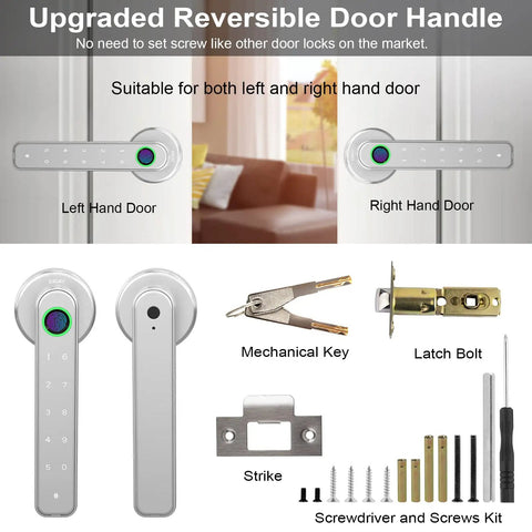 3 In 1 Smart Fingerprint Door Lock With Keypad And Mechanical Key Backup Auto Locks After Five Seconds Reversible Handle With Components
