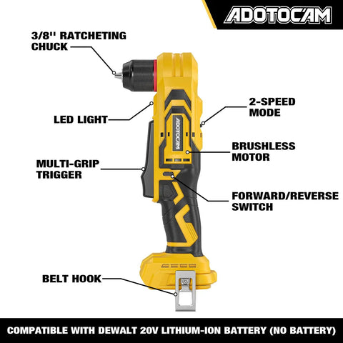 Brushless Right Angle Drill With Bright Led Work Light And Variable Speed Control Compatible With Dewalt 20v Max Batteries, showcasing features like a multi-grip trigger.