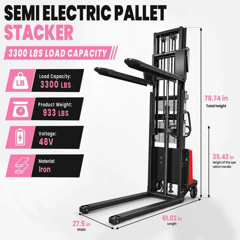 Heavy Duty Pallet Stacker Forklift With 3300 Lb Motor Power For Warehouse Hauling And Lifting Jobs using iron build, showing specifications and dimensions.