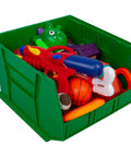 Green 3 Pack Stackable Plastic Storage Bins Space Saving Organizer For Garage Pantry Closet And Craft Room DIY Ready Heavy Duty 75 LB Capacity 18 By 16 By 11 Inches full of toys