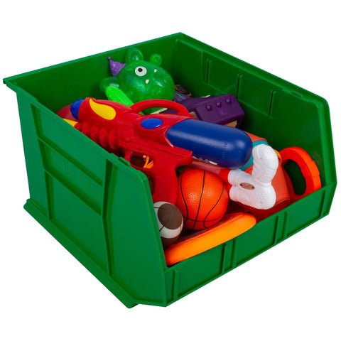 Green 3 Pack Stackable Plastic Storage Bins Space Saving Organizer For Garage Pantry Closet And Craft Room DIY Ready Heavy Duty 75 LB Capacity 18 By 16 By 11 Inches full of toys