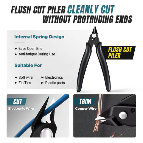 Flush cut plier with black handles and sharp blades, suitable for cutting soft wire, electronics, zip ties, and plastic parts.