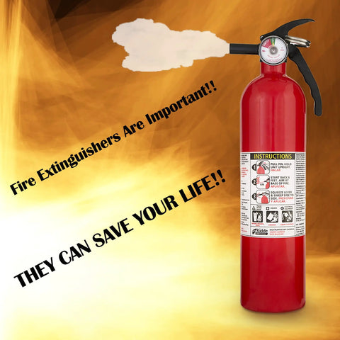 Dead Serious Multipurpose Fire Extinguisher Set Eight Count Bold Red rated 1A 10B C with spray nozzle against a smoky background.