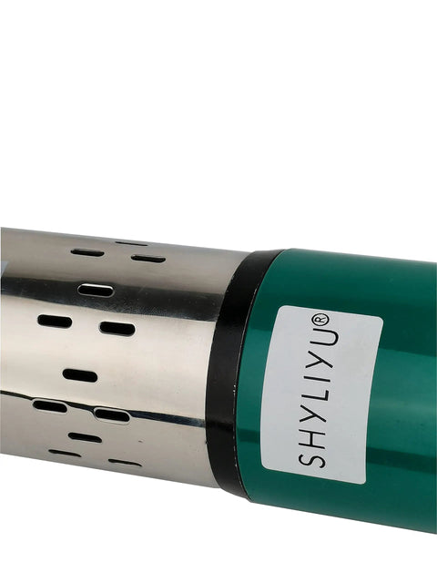 Close-up of Solar Submersible Well Pump 24V DC 260W Deep Well 3 Inch Stainless Steel Screw Pump with green motor casing.