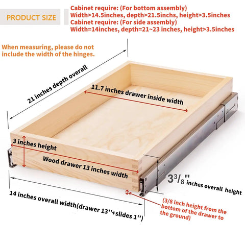 Smooth Ride Soft Close Wooden Drawer Organizer 13 By 21 Inches For Kitchen Cabinets Heavy Duty Pullout Storage Bin dimensions 14 inches wide, 21 inches deep.