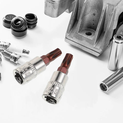 Heavy Duty Tamper Proof Hex Bit Sockets And Star Socket Set For Ratchet Wrenches with two silver heat treated steel bits.