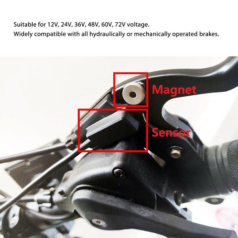 Close-up of electric scooter brake sensor cable for controller and cutoff switch, showing magnet and sensor positions.