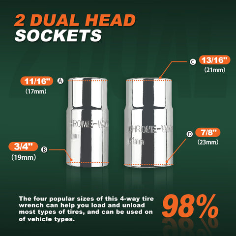 Two dual head sockets from Heavy Duty 25 Inch Extended Lug Wrench Set With 4 Way Tire Iron And Half Inch Drive Includes 17mm 19mm 21mm And 23mm Sockets Lug Nut Remover Labor Saving Cross Tool All In A Durable Blow Molded Storage Case.