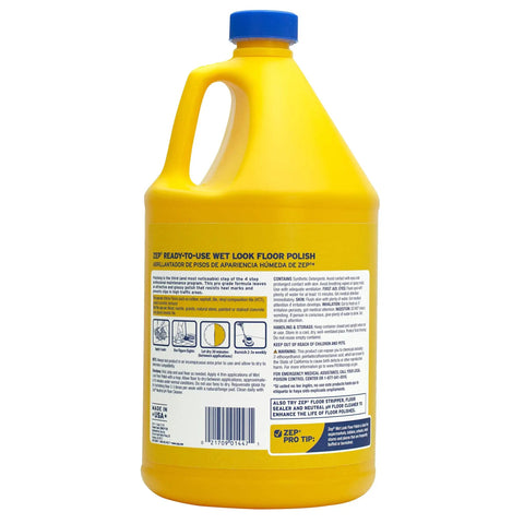 Heavy Duty Wet Look Floor Polish in yellow gallon jug, designed for busy retail spots and school lobbies.