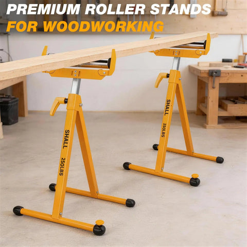 Two Pack Folding Roller Stands Built for Heavy Duty Woodworking 250 Lb Load Capacity Adjustable from 27.8 to 43 Inches Outfeed Support for Table Saw and Miter Saw Ideal for Lumber Plywood and Sheet Material in use holding wood in a workshop.