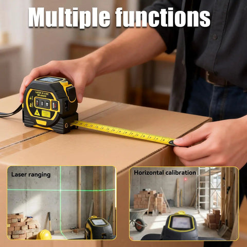 3 In 1 Laser Tape Measure With Digital Readout And LCD Display For Fast One Person Measurements At Home And On Job Sites Up To 197 Feet With Bright Sun Visible Laser And Simple One Handed Use, measuring cardboard box