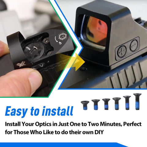 24 Pcs RMR to MOS Red Dot Screw Pack shown with installed optical accessory on pistol, various screw sizes visible