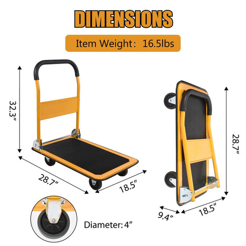 Foldable Platform Cart With Flatbed, 330 Lb Capacity, 4 Wheels, Portable Yellow Utility Cart dimensions and weight shown