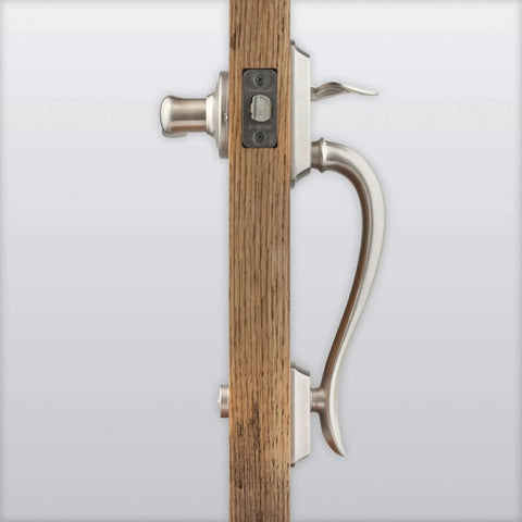 Side view of Avalon Front Door Handleset No Lock With Exterior Entry Lever And Reversible Interior Handle, Satin Nickel Finish, installed