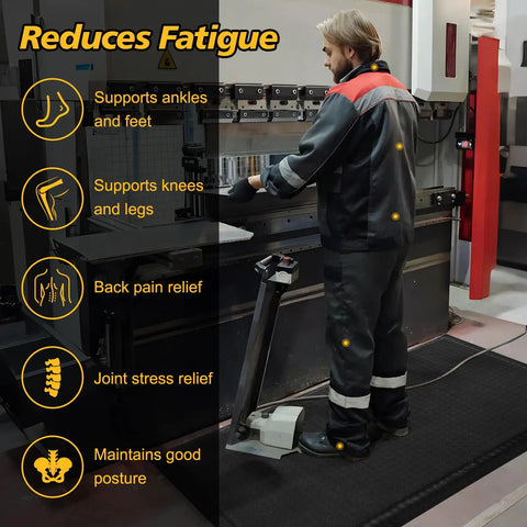 Heavy Duty Anti Fatigue Mat Beat Fatigue While Standing All Day Industrial 2 By 5 Feet Ergonomic Shop Mat With Diamond Plate Texture Fifteen Sixteenth Inch Thick Non Slip Anti Static With Multi Layer Construction For Leg And Back Pain Relief in use at workstation
