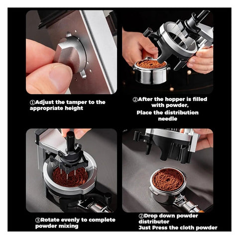 Instructions for using 58mm Espresso WDT Distribution Tool With Twelve Sleek Needles And Fully Adjustable Depth.