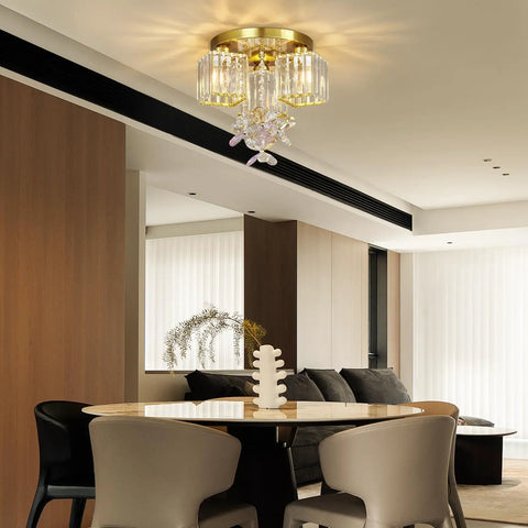 Dining room with Three Light Semi Flush Mount Ceiling Fixture In Black And Gold With Crystal Accents