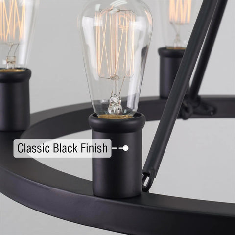 Close-up of black metal accent on Homestead 24 Inch 6 Light Wagon Wheel Chandelier Black And Gray Oak Wood Finish Industrial Rustic