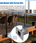 Top Shelf Black Glass Railing Posts With Wall Mounted Deck Panel Fencing And Multi Angle Adjustable Corner End Mid Posts For Rock Solid Balcony Guardrail Setup Along With Complete Infill Hardware Kit side mount with screw kits pictured with mounting hardware and posts connecting glass panels.