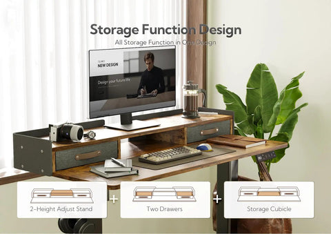 Adjustable Standing Desk With Drawers, Electric Sit Stand Desk With Storage Shelf And Splice Board, 48 Inch, shown with monitor and accessories
