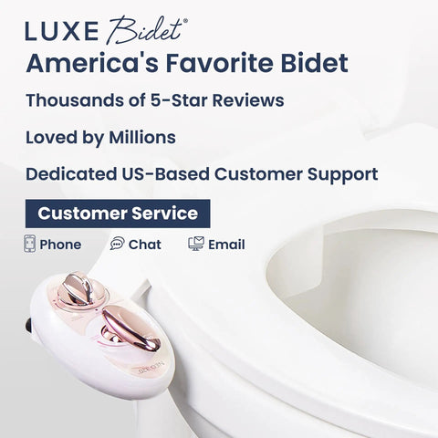 Rose Gold Bidet Attachment With Warm Water and Dual Nozzles on white toilet, customer service details visible