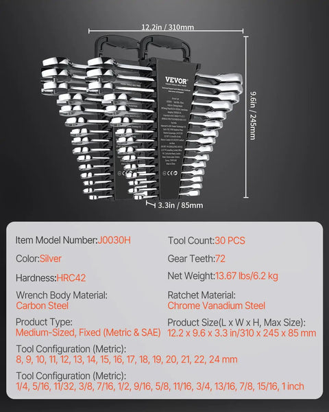 Heavy Duty 30 Piece Ratcheting Wrench Set With 72 Tooth Fast Grip Teeth showing organized metric and SAE wrenches with a hanging rack.