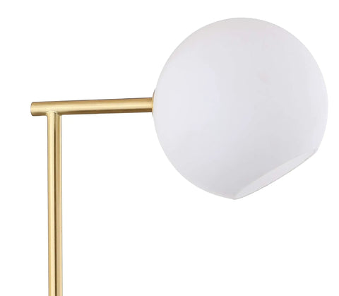 Gold And White Modern Metal Marble LED Bedside Lamp With Frosted Glass Globe Shade Sleek Minimalist Scandinavian Style For Bedroom And Living Room Includes Energy Saving LED Bulbs ETL Listed close-up detail of frosted glass globe shade and gold metal arm.