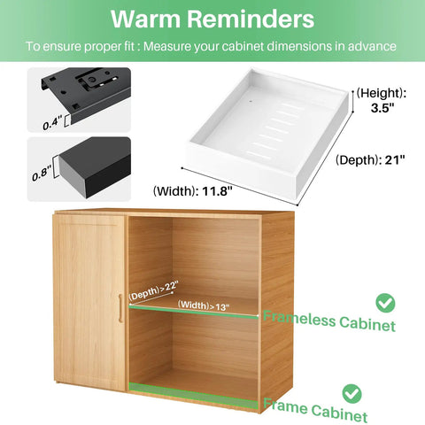 Warm reminders for properly measuring frameless cabinet dimensions for the Legit Heavy Duty Pull Out Cabinet Organizers.