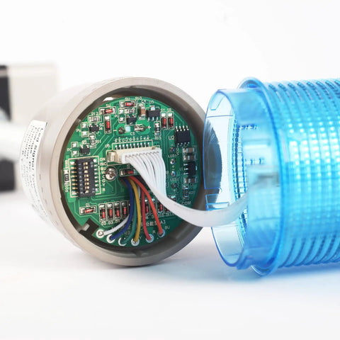 Top Notch Four Stack Led Andon Tower Light With Built In Buzzer For Industrial Workstations showing internal circuit board and colored wiring.