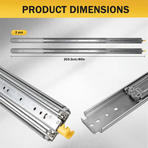 80 Inch Side Mount Drawer Slides With Lock For RV Cabinets, heavy duty 2-piece set, highlighting locking mechanism details.