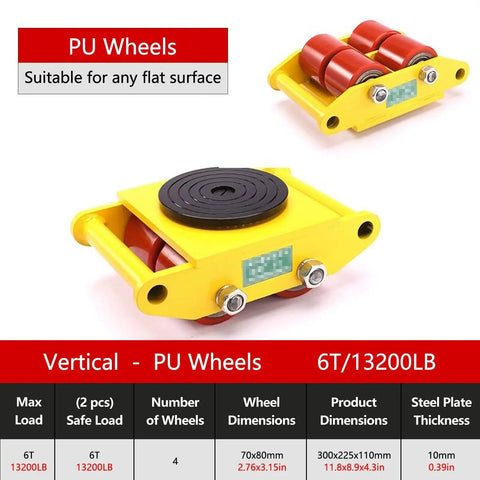 Heavy Duty Machinery Moving Skate Dolly With 360 Degree Swivel And Non Slip Pads, 13200 Lb Capacity, Steel Wheels, Industrial Grade Movers Kit For Home Garage And Workshop, 4 Pack; yellow dolly with PU wheels.