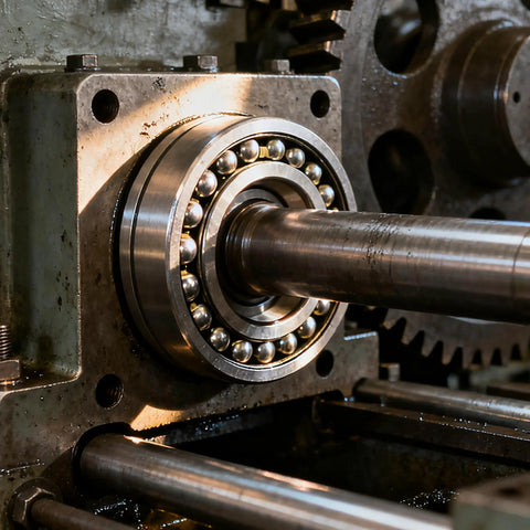 Two chrome steel thrust ball bearings on a machine shaft; 40mm bore, 60mm OD, 13mm thick
