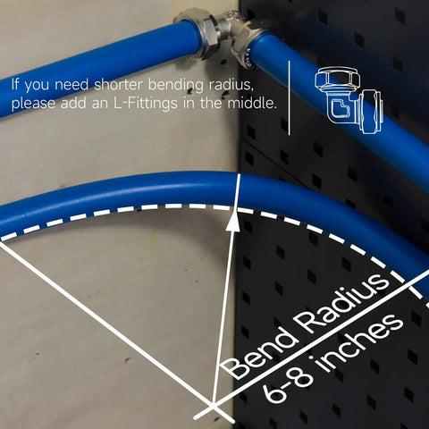 Three Quarter Inch Inner Diameter 100 Feet Compressed Air Tubing Kit with bend radius diagram