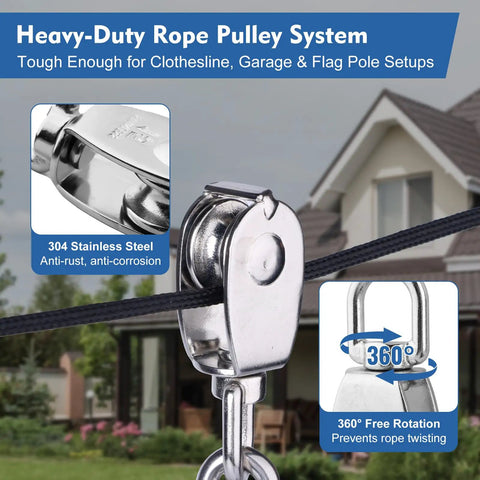 Heavy Duty 304 Stainless Steel Pulley Kit With Extra Long Nylon Rope for Flag Poles clotheslines garage hoists, close-up of pulley system.
