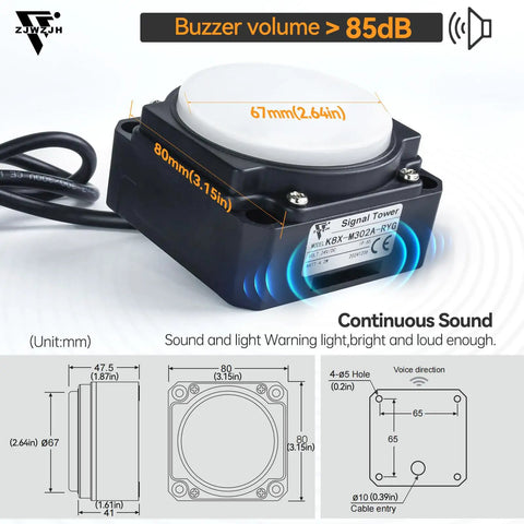 Compact 24V LED signal tower light with 3-color beacon, black square mount, dimensions 67mm x 80mm, continuous sound, for industrial use.
