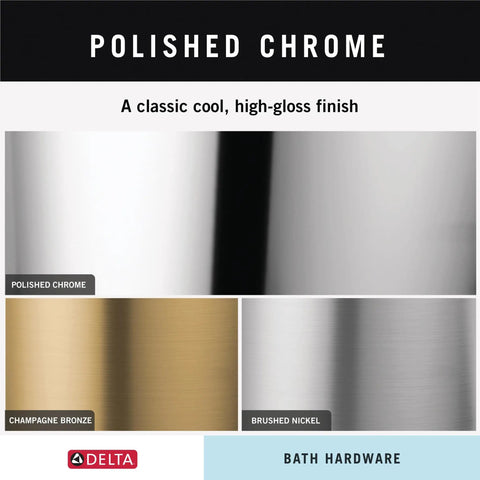 Metal finishes visual with polished chrome, champagne bronze, and brushed nickel for bath hardware.