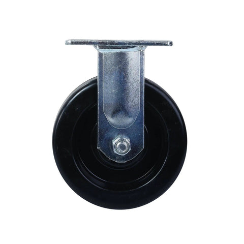 Rock Solid 6 Inch Phenolic Rigid Plate Caster Built Like A Tank For Heavy Hauls 840 Lb Load Capacity showing black wheel and steel mounting plate.