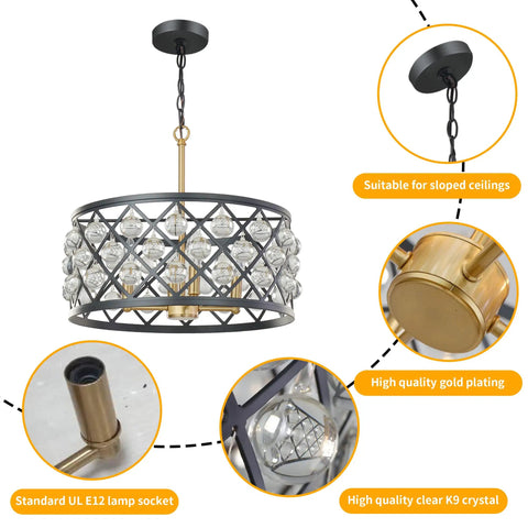 17.8 Inch Crystal Chandelier Pendant Light With Large Round Black Metal Frame And Crystal Ball Orbs, Modern Vintage Vibe With Gold Accents