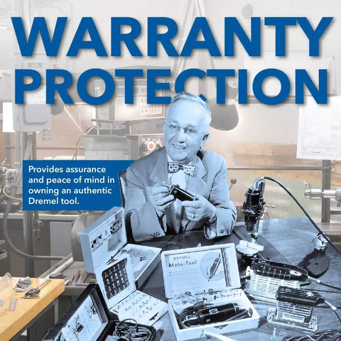 Warranty Protection text with man holding A679-02 Sharpening Attachment Kit For Outdoor Gardening Tools And Chainsaws