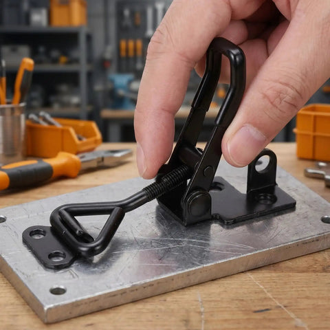 Heavy Duty Stainless Steel Toggle Clamp Latch Set With Four Adjustable Quick Release Pull Clamps 440lbs 200kg Holding Capacity Portable And Easy To Install For Trunk Chest And Home Projects being installed on a metal surface