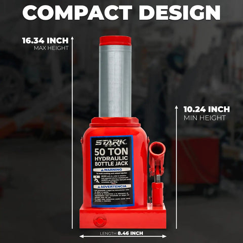 Built Tough 50 Ton Hydraulic Bottle Jack With 100000 Lb Capacity, compact design showing dimensions for maximum and minimum height.