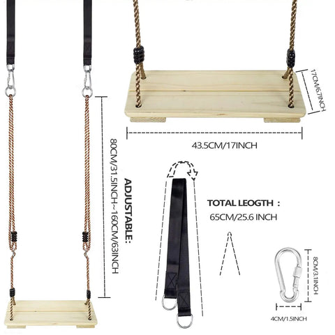 Diagram of Wooden Swing Seat For Kids With Adjustable Height 31.5 To 63 Inches Backyard Outdoor Swing With Tree Straps Set